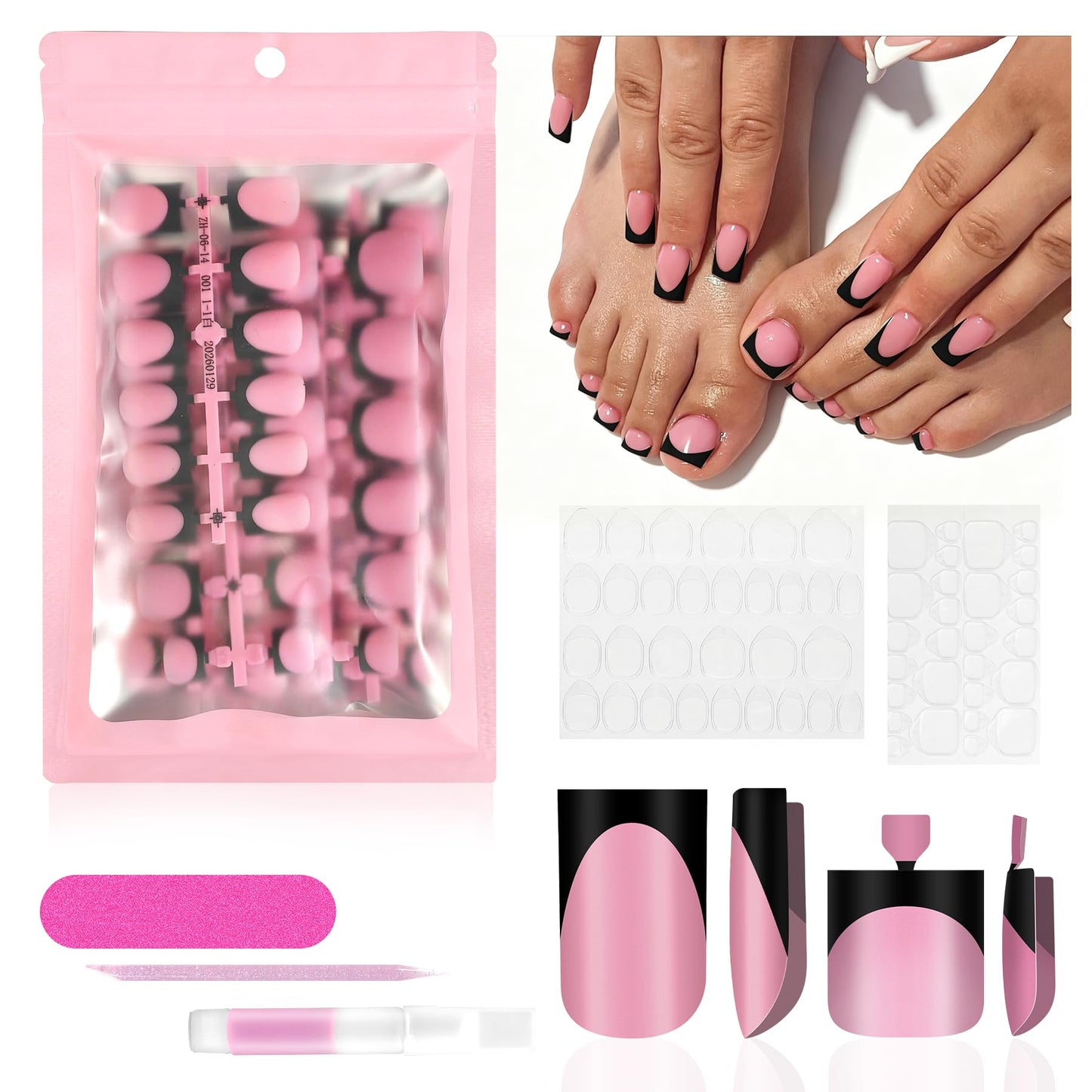 60Pcs Black French Tip Press on Nails & Press on Toenails Set, Square Fake Nails Kit with Nail Glue, 15 Sizes Acrylic Full Cover Toe Nail Press Ons Beauty and Personal Care QIEK Default Title