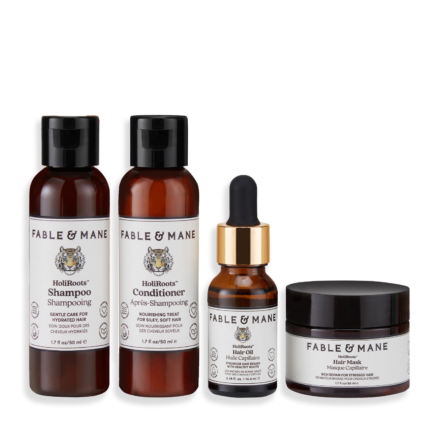 Fable & Mane Good Karma Hair Gift Set, for Stronger, Healthier Hair. Travel-sized Minis of HoliRoots Hair Oil, Hydrating Shampoo, Conditioner and Hair