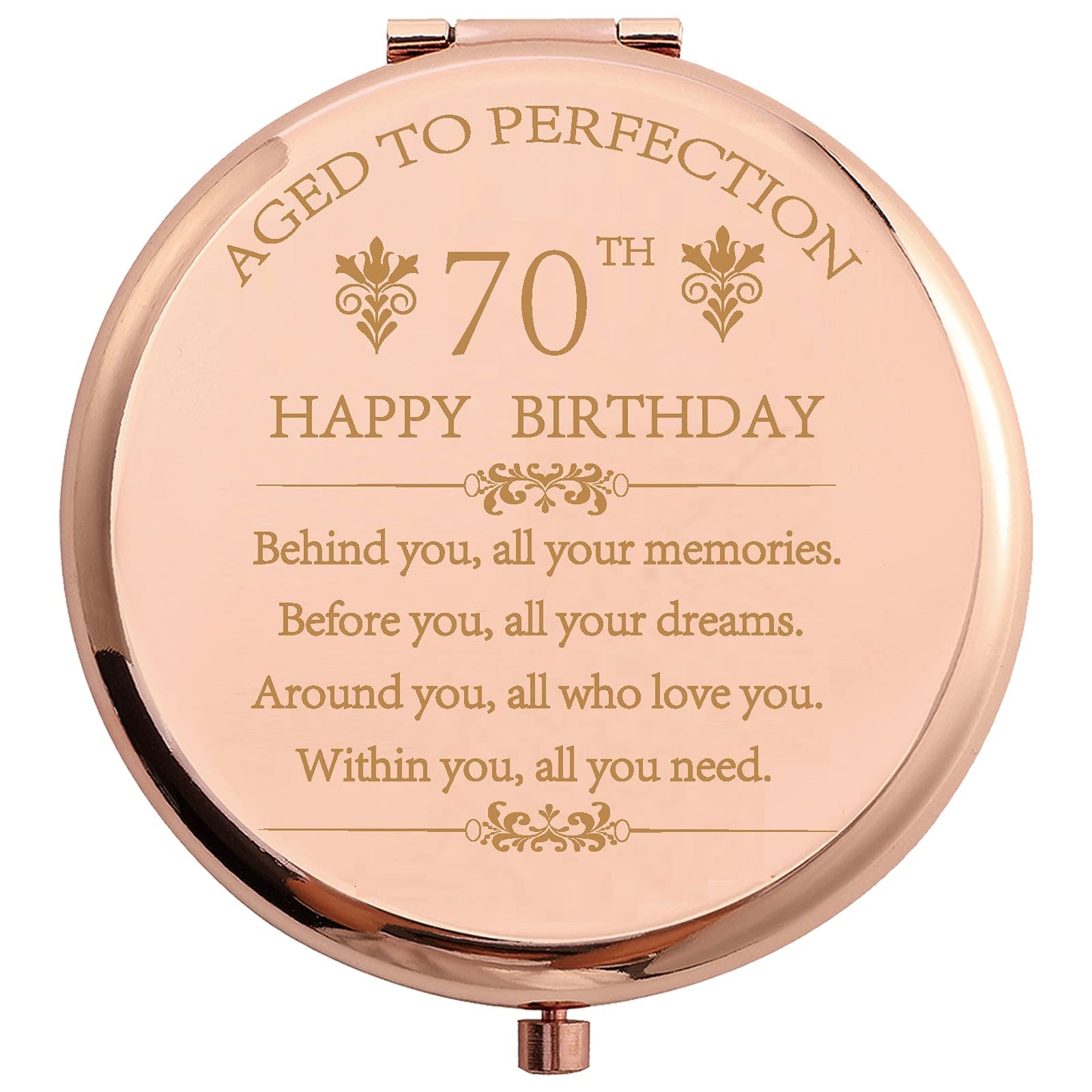 COFOZA 1955 70th Birthday Gifts for Woman Stainless Steel Rose Gold Compact Pocket Travel Makeup Mirror 70 Years Old Inspiration Gift Behind You All