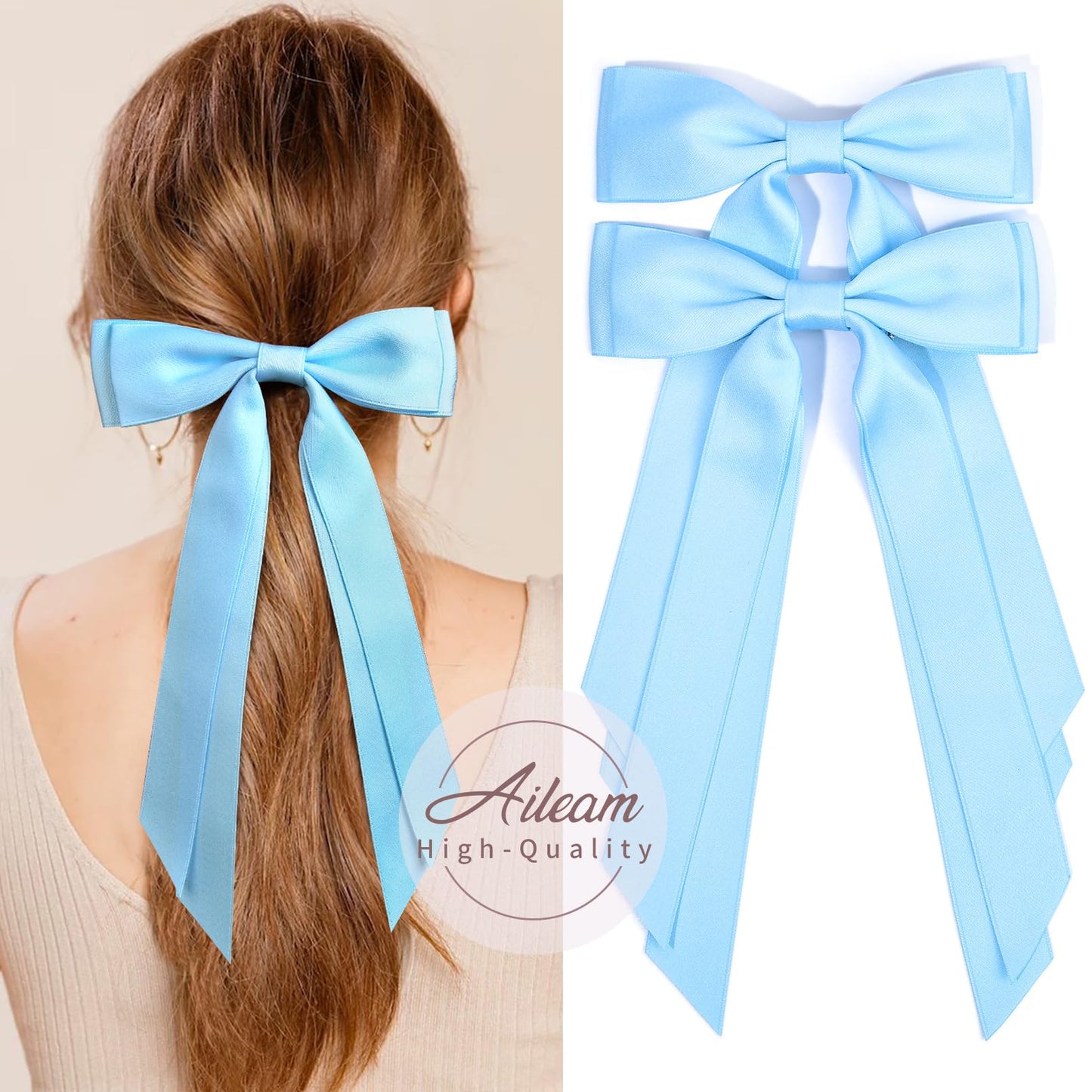 2PCS Silky Satin Hair Bows Hair Clip Blue Hair Ribbon Ponytail Holder Accessories Slides Metal Clips Hair Bow for Women Girls Toddlers Teens Kids Beauty and Personal Care Aileam