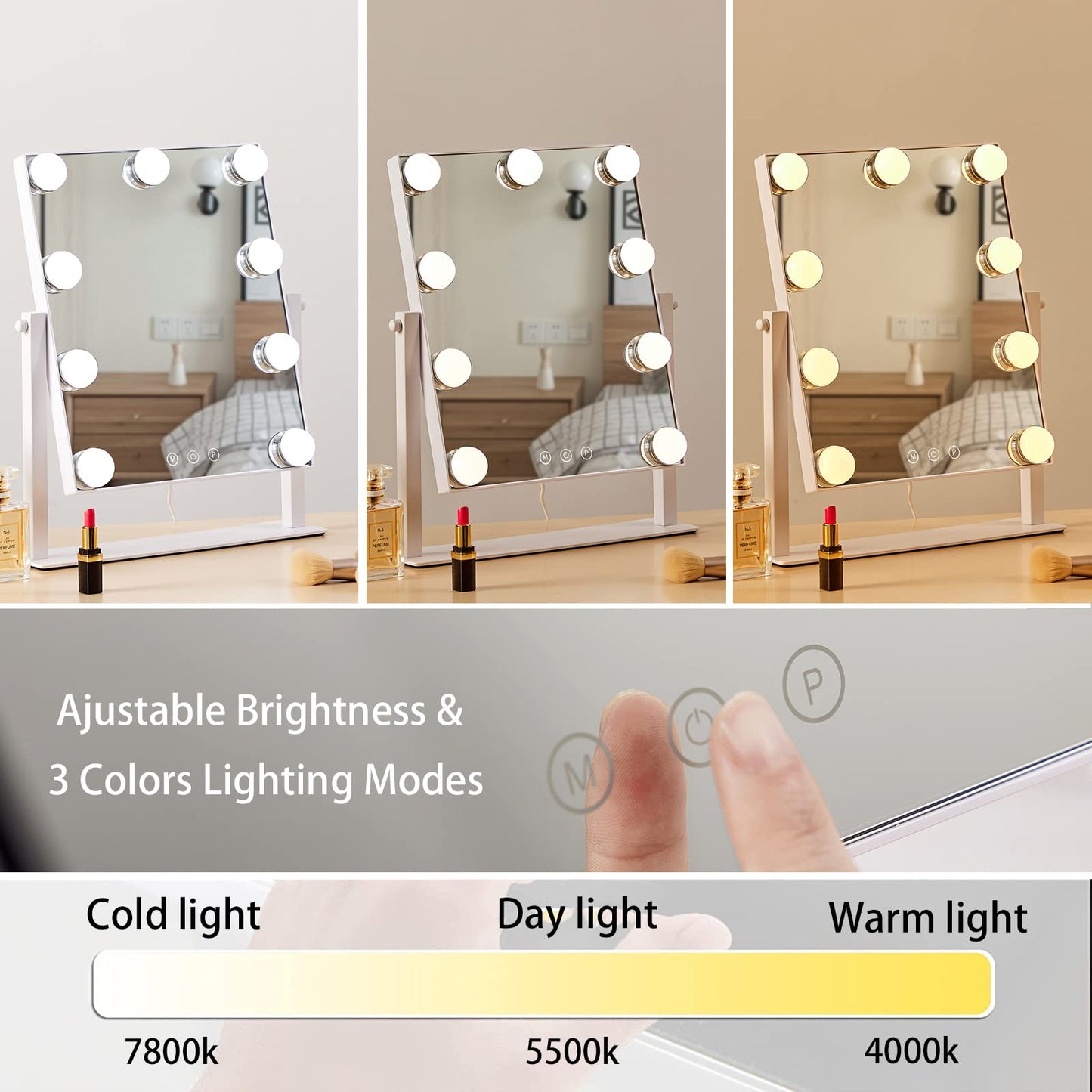 HIEEY Hollywood Vanity Mirror with Lights, Makeup 9 Dimmable Bulbs Three Color Lighting Modes, and 5X Magnification Mirror, Smart Touch Control