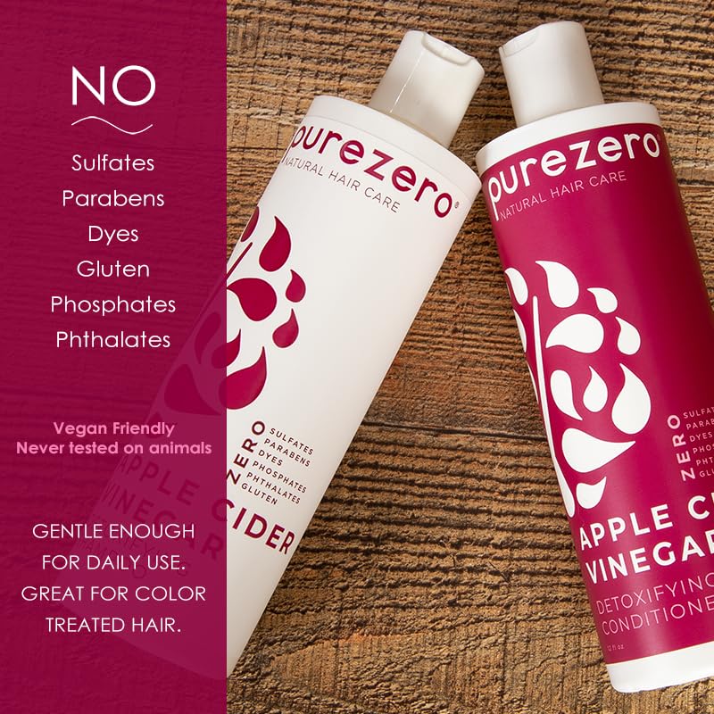 Purezero Apple Cider Vinegar Shampoo & Conditioner Set - Detox Scalp & Hair - pH balanced -Increase Hydration - Zero Sulfates, Parabens, Dyes - 100%