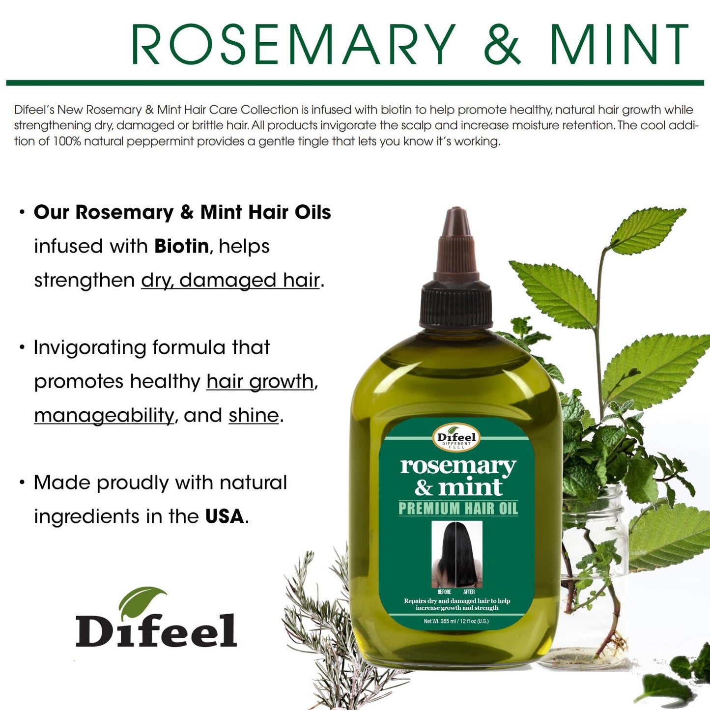Difeel Rosemary and Mint Premium Hair Oil with Biotin - LARGE 12 oz. - Natural Rosemary Oil for Hair Growth & Biotin