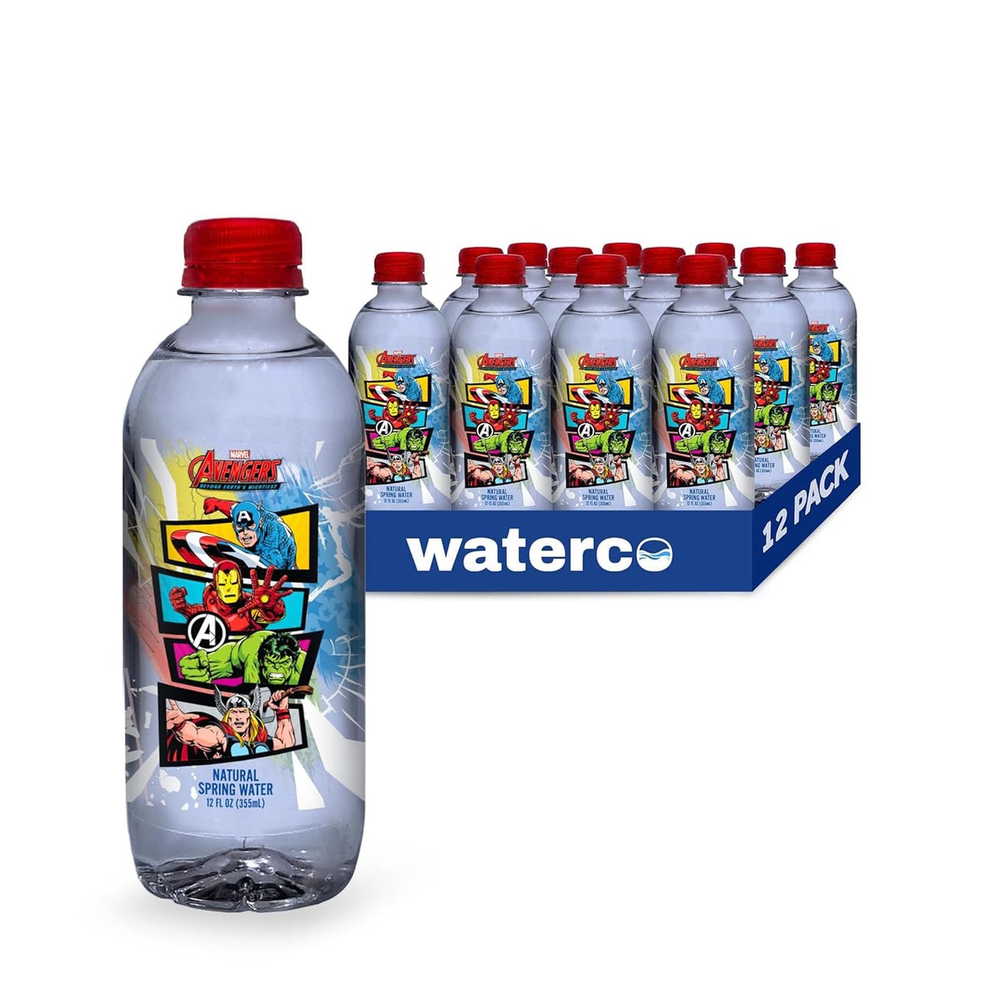 PULSE Marvel Avengers Natural Spring Water - Disney Bottles - Filtered Spring Water - BPA-Free Recyclable Bottles - 12 Pack