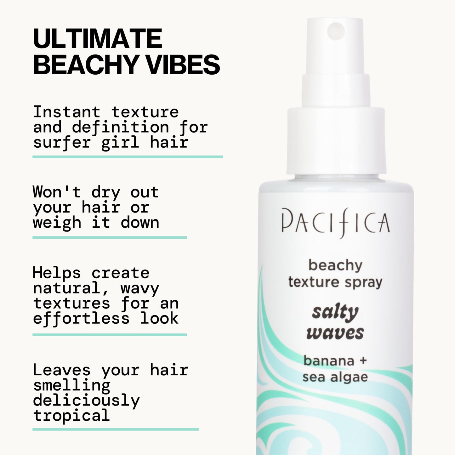 Pacifica Salty Waves Sea Salt Texturizing Spray, Coconut Scent 4oz - Beachy Waves Hair Spray for Tousled Texture & Volume, Surf Salt Spray