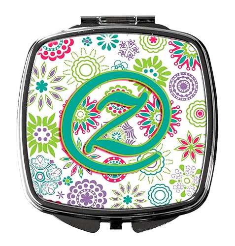 Caroline's Treasures CJ2011-ZSCM Letter Z Flowers Pink Teal Green Initial Compact Mirror Decorative Travel Makeup Mirror for Women Girls Gifts Pocket