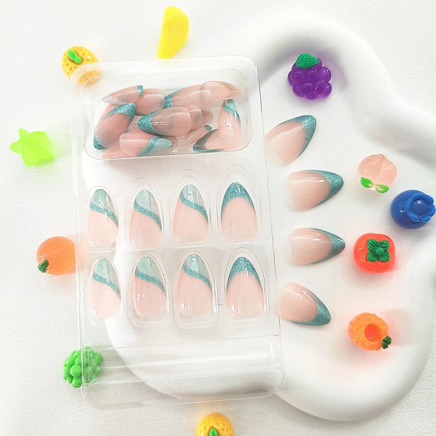 Blue French Tip Press on Nails Short Fake Nails Almond Glitter Glue on Nails Light Pink Full Cover Acrylic Nails Press ons Glossy Artificial False Beauty and Personal Care MAOTTIE