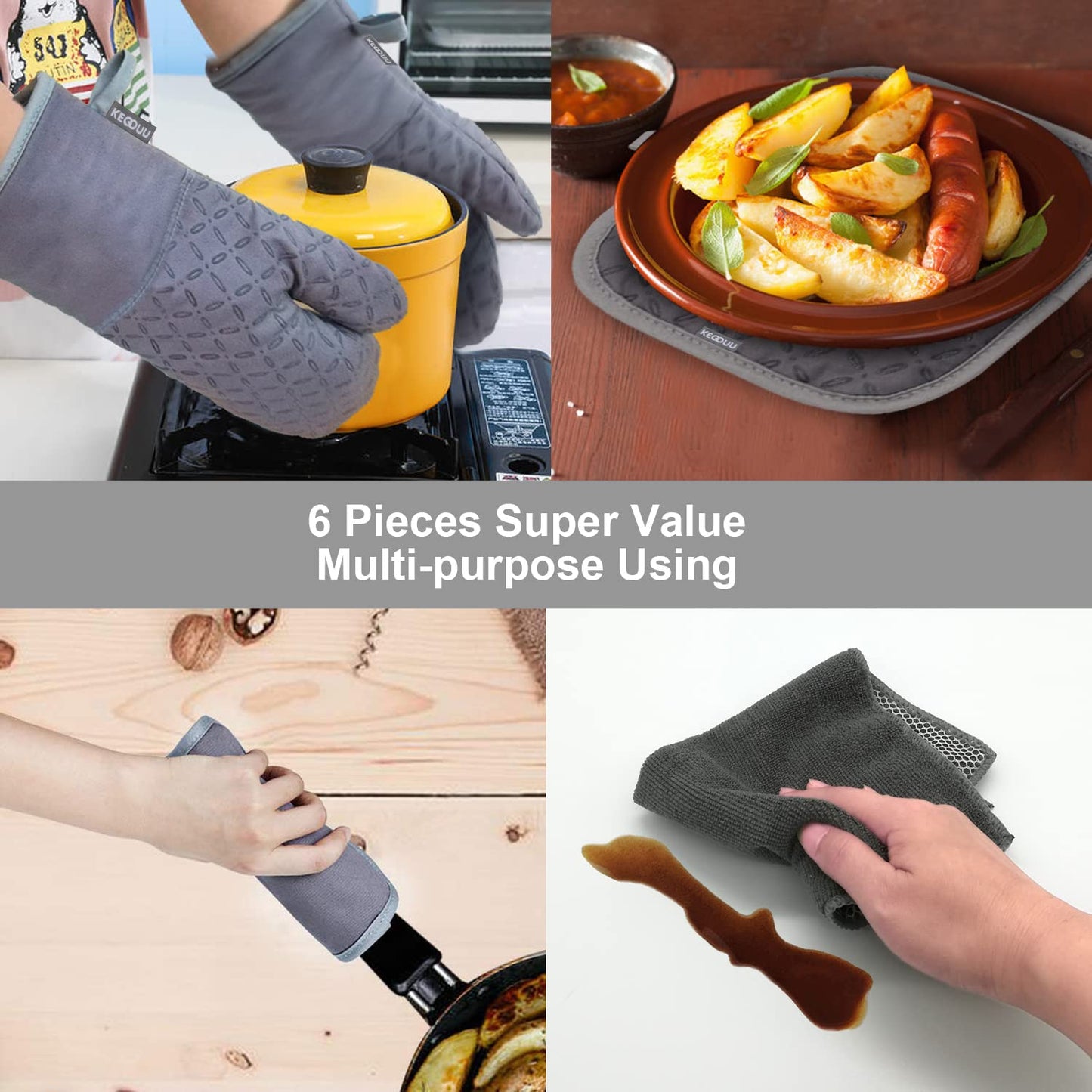 KEGOUU 6-Piece Oven Mitt & Pot Holder Set – 500°F Heat Resistant, Extra Long, Non-Slip Silicone for Cooking, Grey