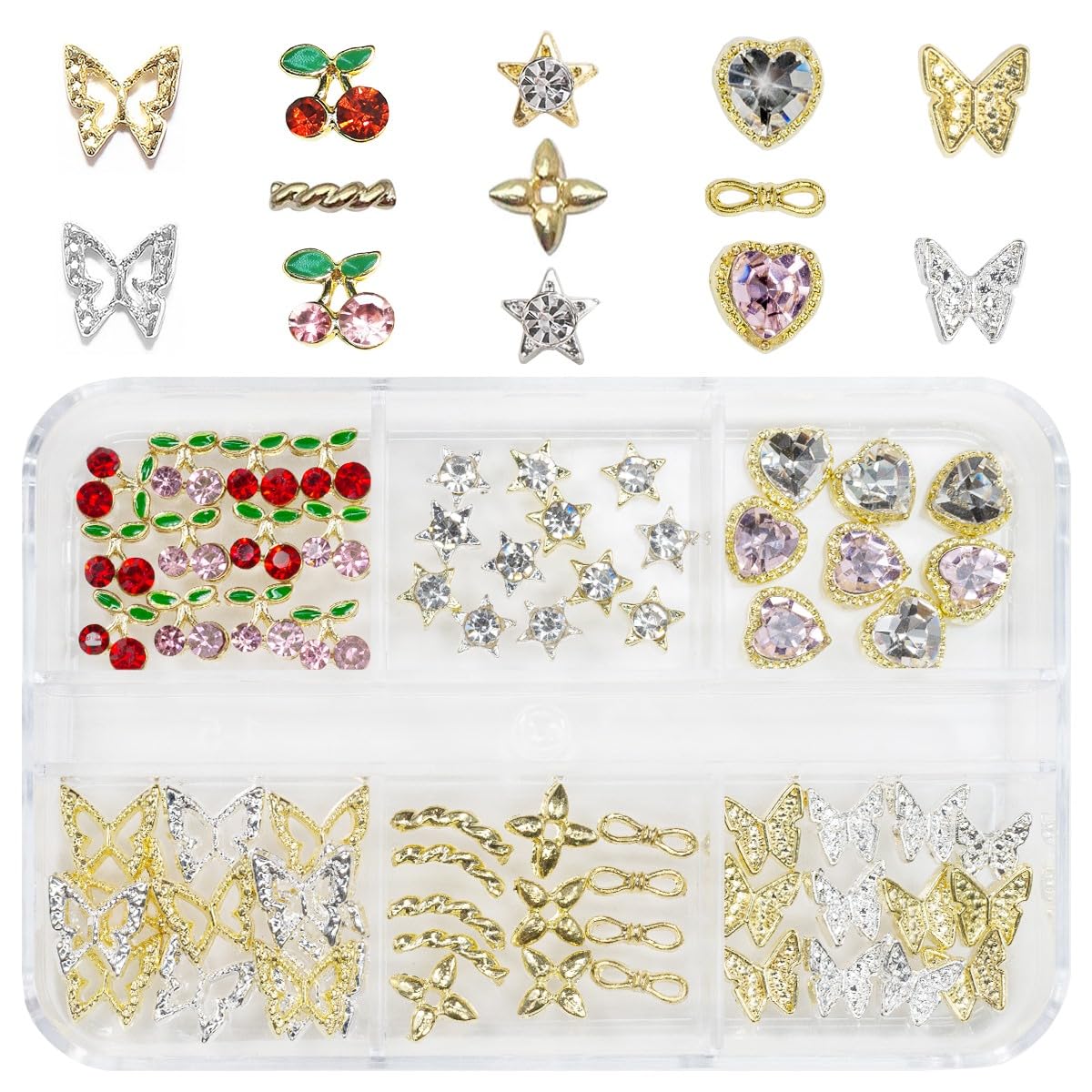 qiipii 56 Pcs Cute Charms for Nails Cherry Butterfly Heart Star Kawaii Crystals Pink Red Rhinestones Gems Golden Silver 3D Alloy Studs Nail Art Charms Beauty & Personal Care qiipii