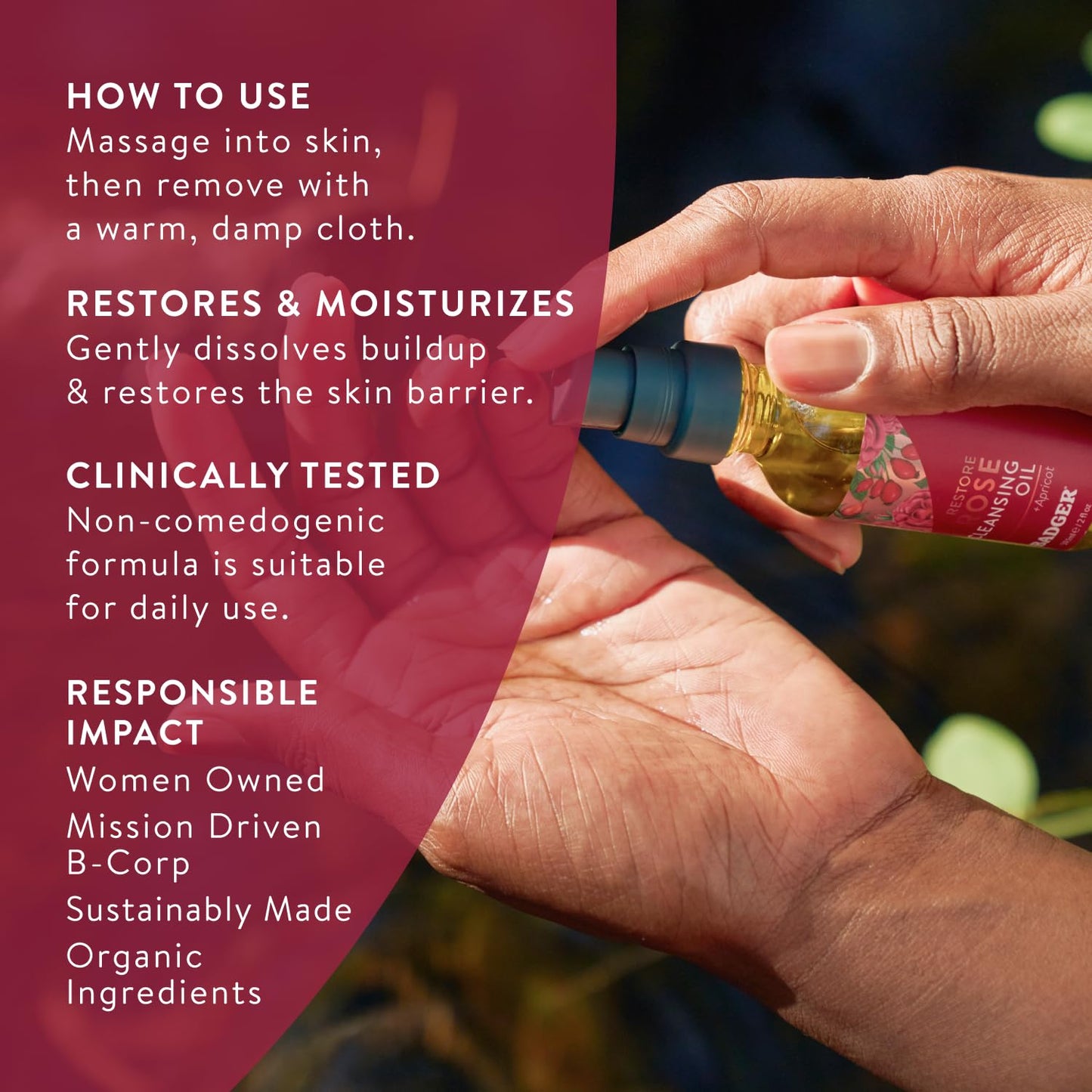 Badger Rose Face Cleansing Oil, Organic Facial Cleanser & Makeup Remover, Non-Greasy Moisturizing Skin Balancing Gentle Face Cleanser w/Pure Rose Oil