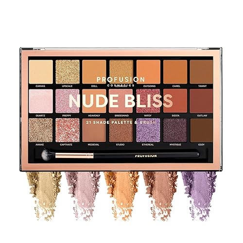 Profusion Cosmetics Nude Bliss 21 Shade Eyeshadow Palette and Pro Series Brush, Unleash Creativity and Get Glam With Richly Pigmented Eyeshadow…
