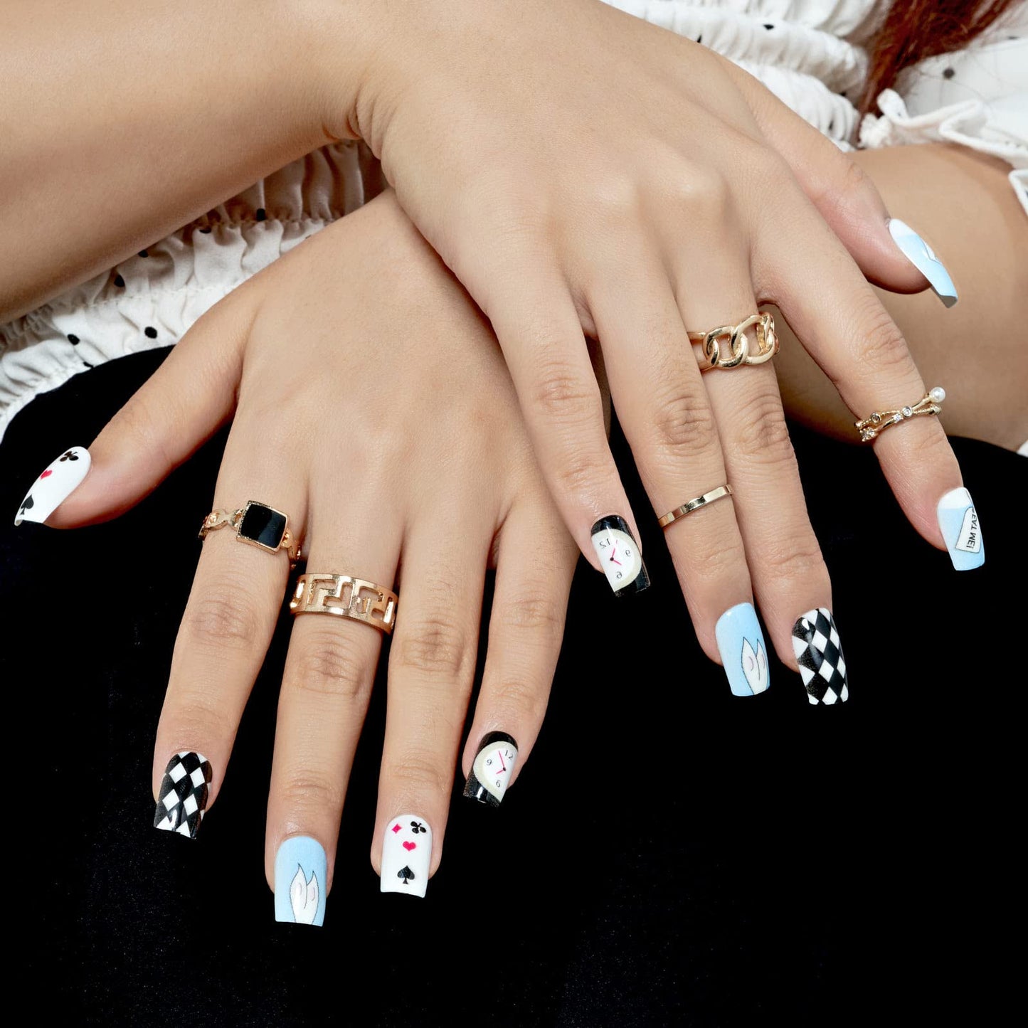 GLAMERMAID Dark Blue White Ombre Press on Nails Medium Square, Oil Painting Glossy Gel Stick on Fake Nals Short Square, Neutral Glue 0n Nails Kit