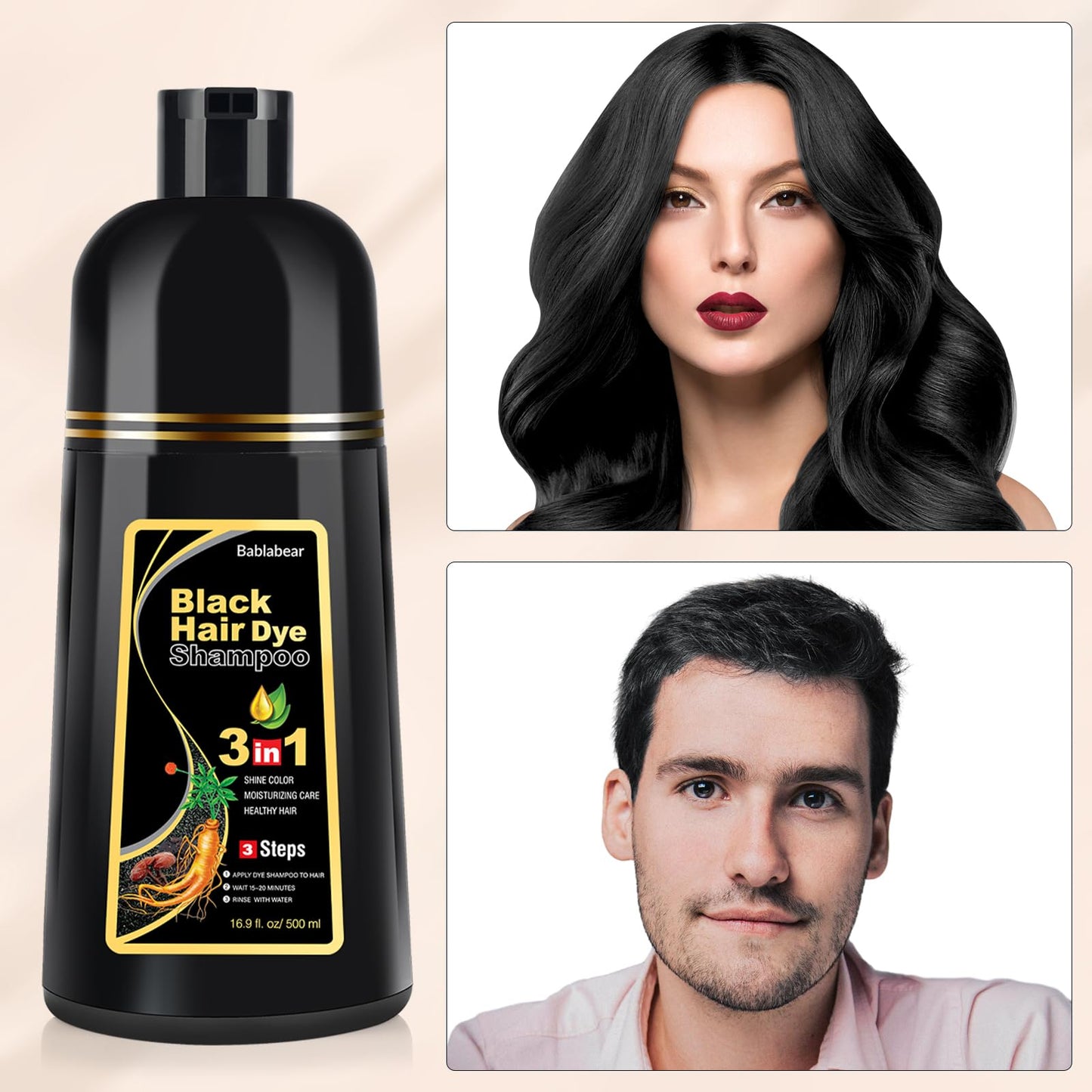 Bablabear Black Hair Dye Shampoo for Gray Hair,Hair Color Shampoo for Women and Men, Grey Coverage.500ml Beauty and Personal Care Bablabear