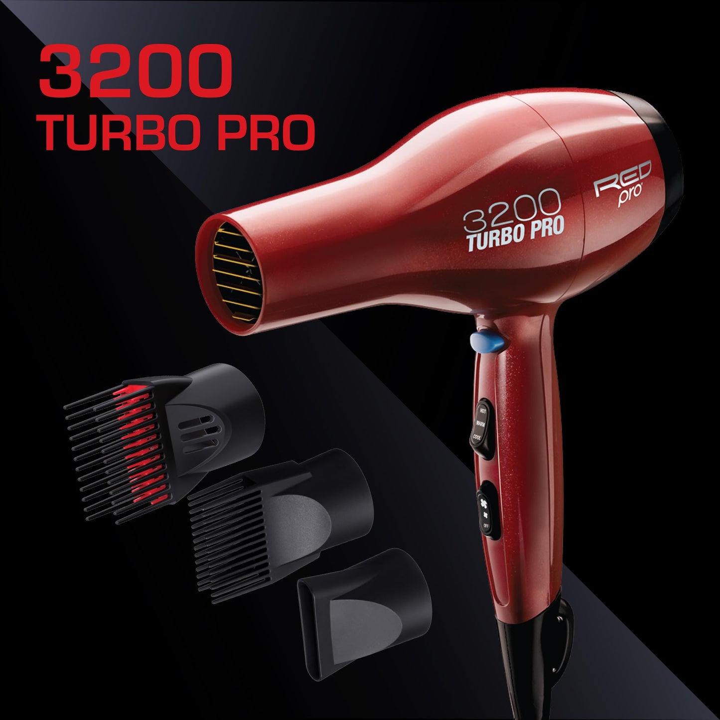 RED PRO 3200 Turbo Pro Detangler AC Hair Dryer, 3 Heat/2 Speed Settings, Cool Shot Button, Powerful Airflow, 3 Additional Styling Attachments
