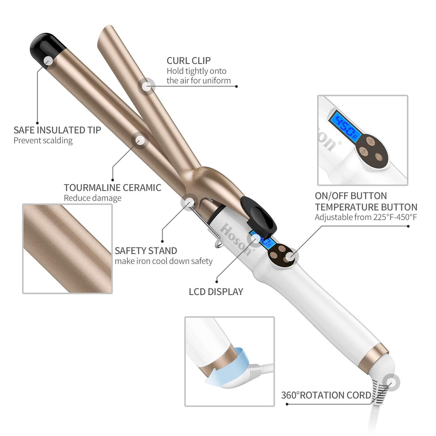 Hoson 1 Inch Curling Iron Professional Ceramic Tourmaline Coating Barrel Hair Curler, LCD Dispaly with 9 Heat Setting(225°F to 450°F for All Hair