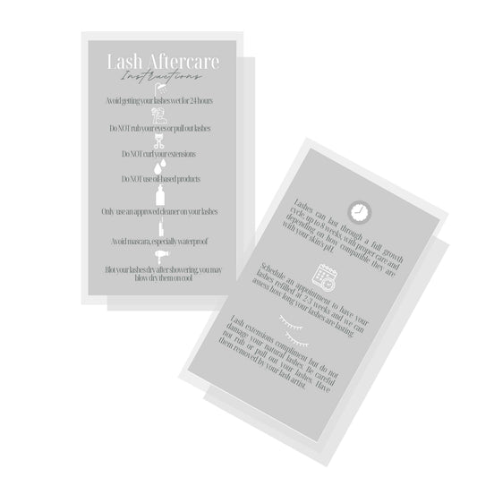 Lash Extension Aftercare Instructions Cards | 50 Pack | Double Sided Size 3.5 x 2" inches After Care (2-3 Week Fillers) | Gray with White Design