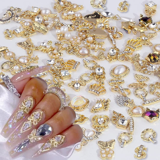 Dornail 50pcs Gold Nail Charms for Acrylic Nails, Mix Styles Shiny Pearl Alloy Nail Rhinestones Flower Butterfly Heart Star Charms for Nails Women