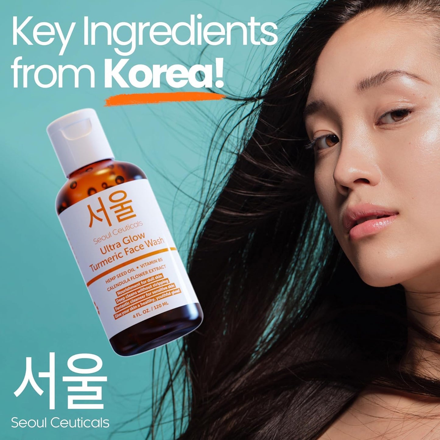 SeoulCeuticals Korean Turmeric Face Wash Cleanser - Vegan Cruelty Free Korean Skincare Facial Cleanser - K Beauty Skin Care for Dry Sensitive Skin 4oz