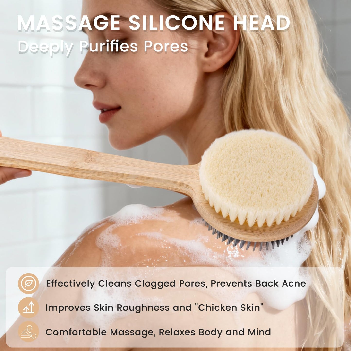 Back Scrubber for Shower - Double-Sided Silicone and Super-Dense Bristles for Deep Cleaning & Exfoliation, Bamboo Long Handle with Wider Anti-Slip Beauty and Personal Care VWMYQ