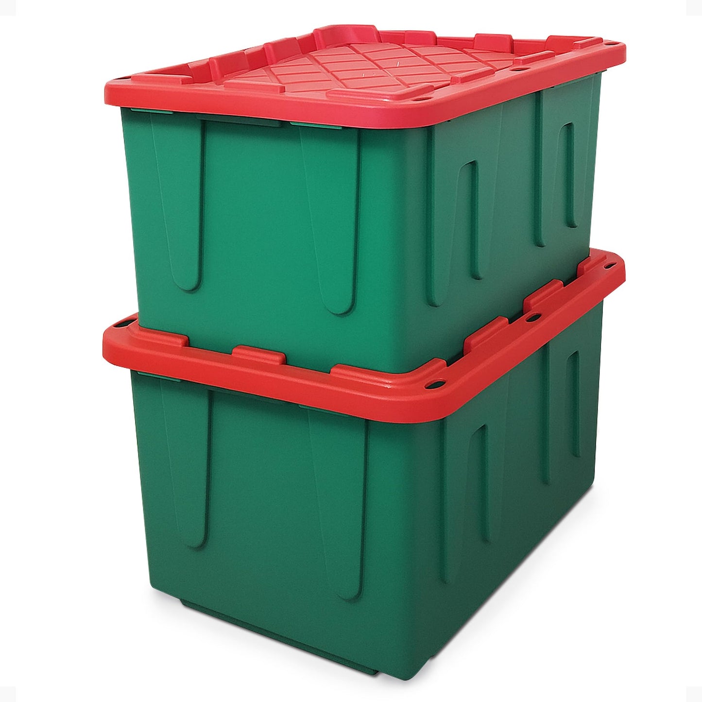 HOMZ 2-Pack Durabilt, Heavy Duty Plastic Storage Bins with Lids, 27 Gallon, Green/Red - Stackable Container Boxes for Holiday, Attic, and Garage…