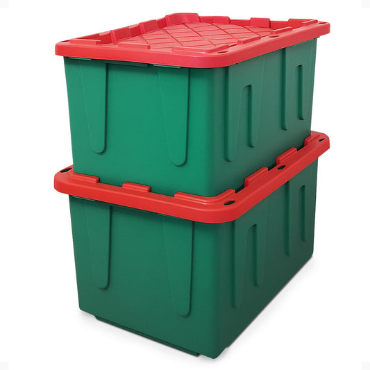 HOMZ 2-Pack Durabilt, Heavy Duty Plastic Storage Bins with Lids, 27 Gallon, Green/Red - Stackable Container Boxes for Holiday, Attic, and Garage…