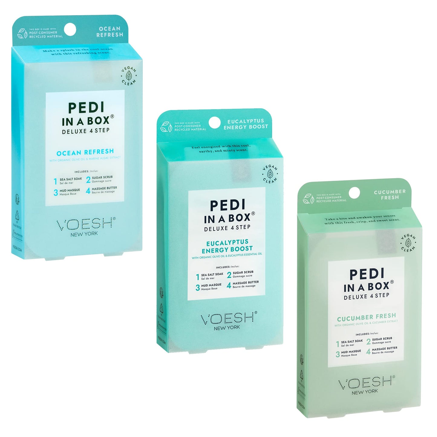 VOESH Pedi in a Box 4 Step Fresh Trio - 3 Pack of Ocean Refresh, Eucalyptus Energy Boost, & Cucumber Fresh Pedicure Set, DIY Pedi, Foot Spa