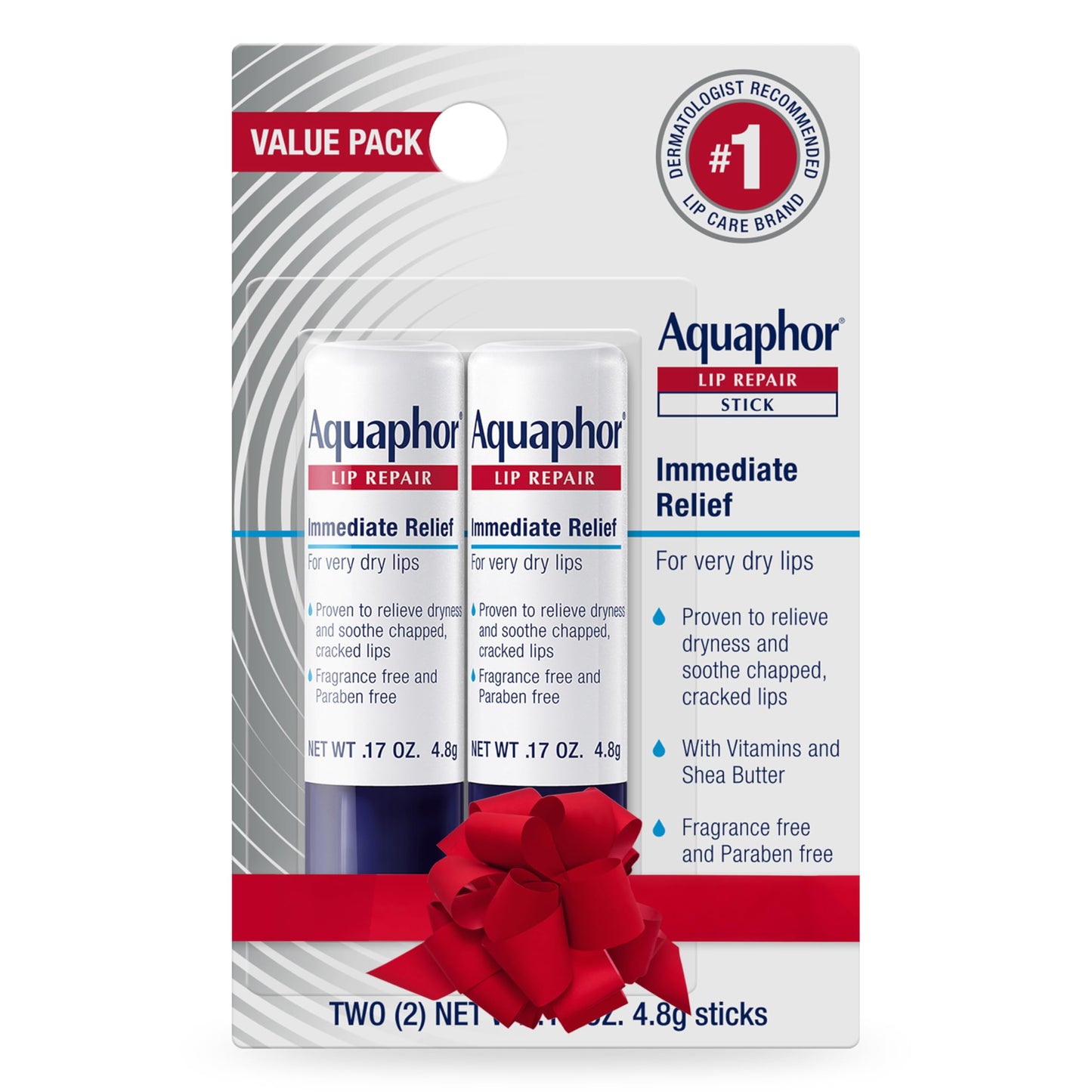 Aquaphor Lip Repair Stick, Moisturizing Lip Balm Pack, Relieves Dryness, Holiday Gifts for Self Care, 0.17 Oz Stick, Pack of 2