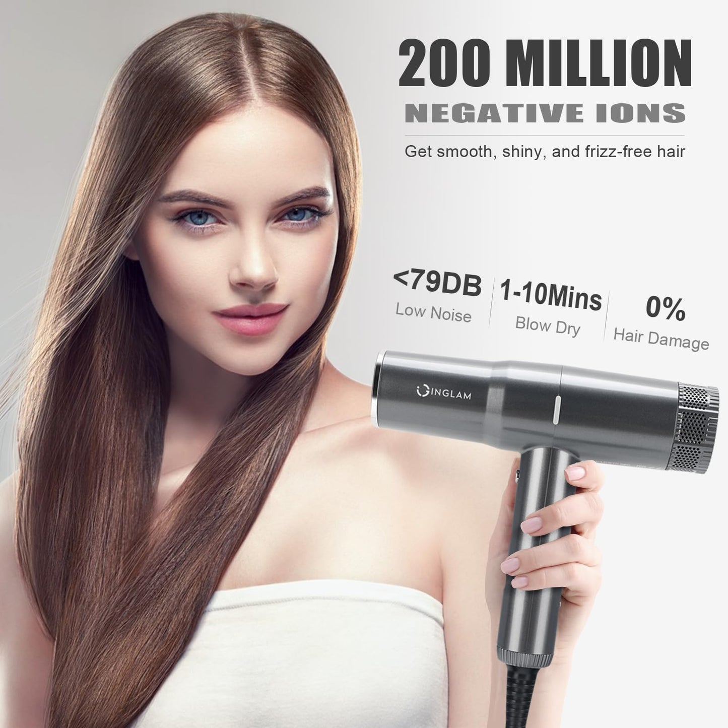 Blow Dryer with Diffuser, IG INGLAM Professional Hair Dryer 110,000RPM Brushless Motor High Speed Low Noise, 3 Heat Settings & 3 Speed & Cold