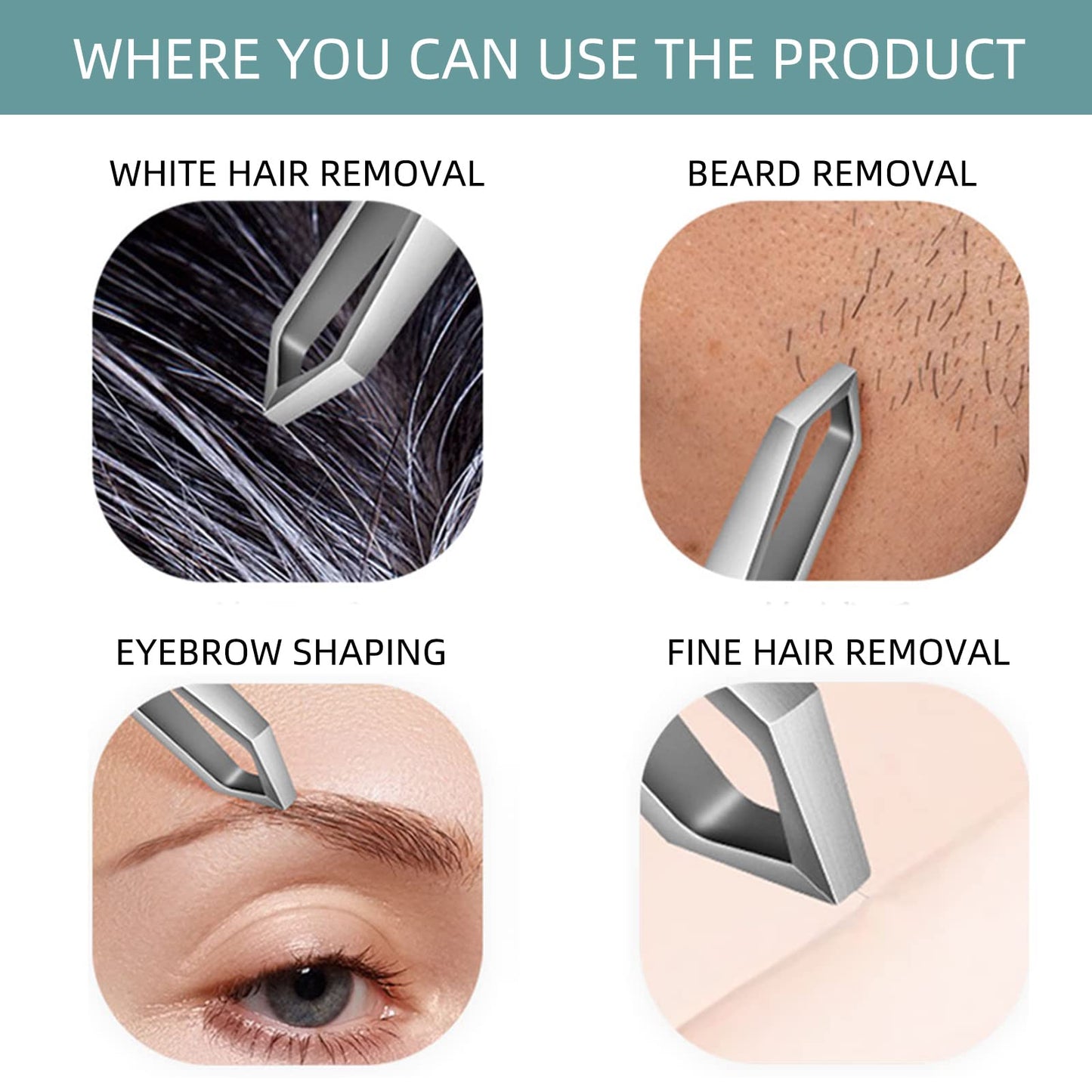 Ausomtek Beard Tweezers, White Hair Plucking Tweezers, Stainless Steel, Fine Hair Removal Tweezers, Eyebrows Shaping Tool, 5mm Tip, Cyan PU Case