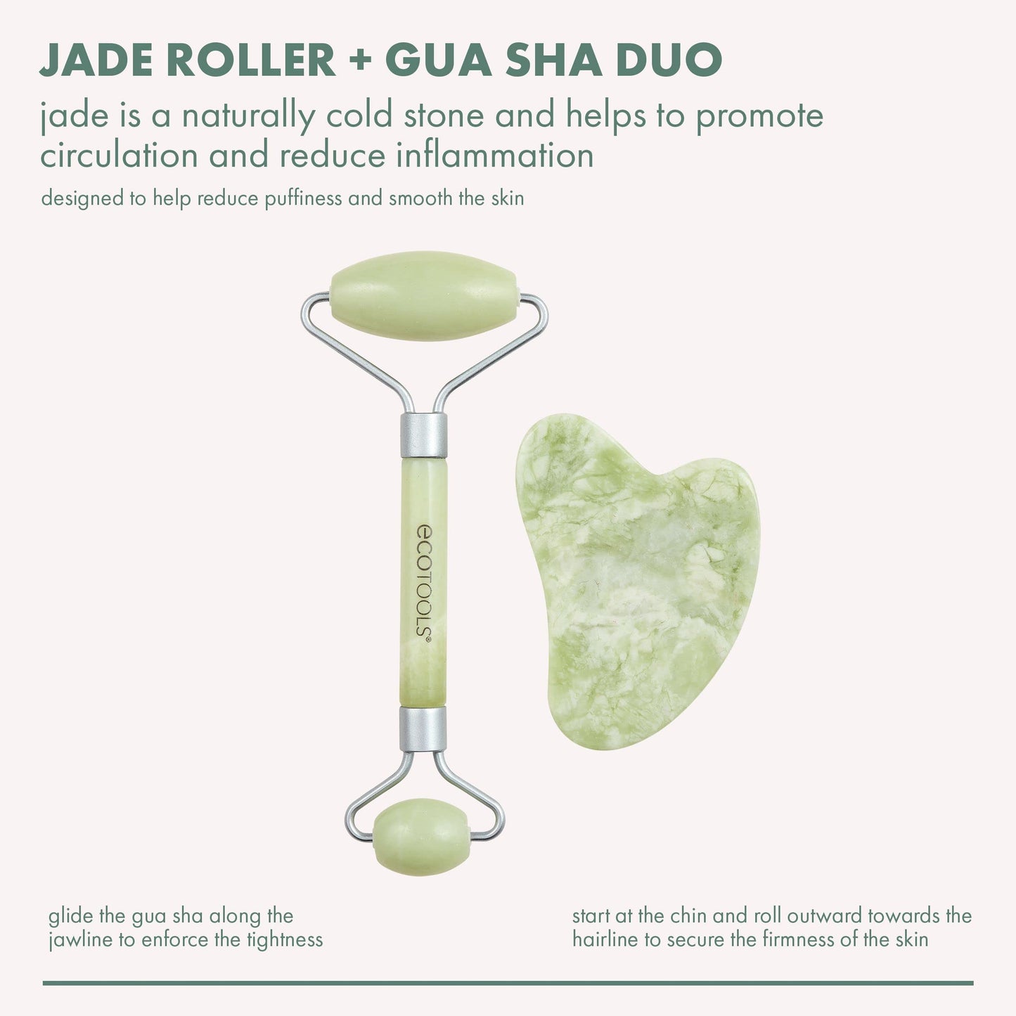EcoTools Beauty Skin Care Tool Jade Facial Roller and Gua Sha Stone Duo, Face Roller and Massager, Skincare and Sculpting Tools, Green, Promotes
