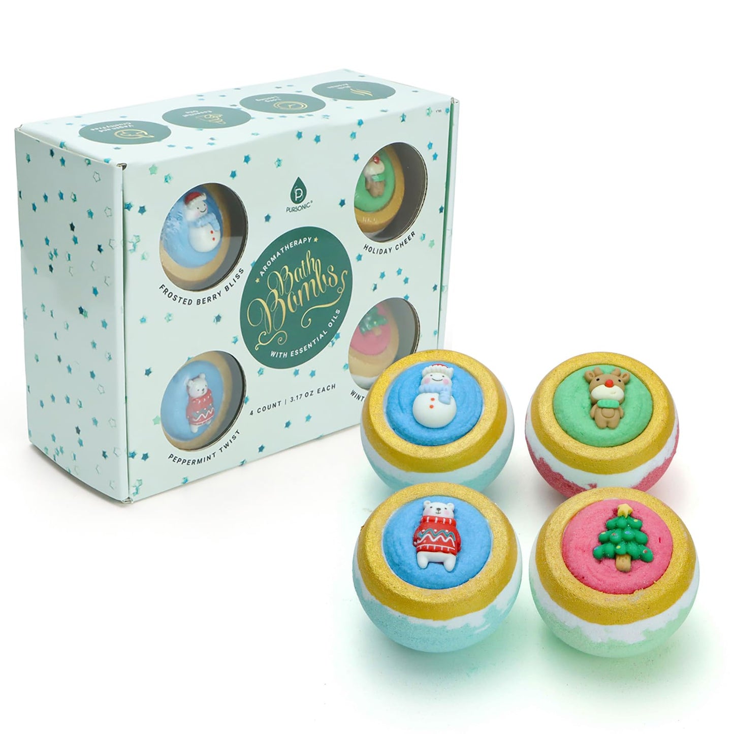Pursonic Bath Bombs Gift Set - 4 Pcs Essential Oils Bath Bombs for Women - Spa Fizzies, Relaxation Christmas Gifts for Women (Berry Bliss, Holiday…