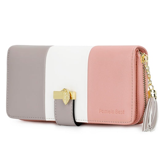 RFID Wallets for Women with Multiple Card Slots and Cellphone Compartment, Womens Wallet (pink/white/grey) Fashion Pomelo Best