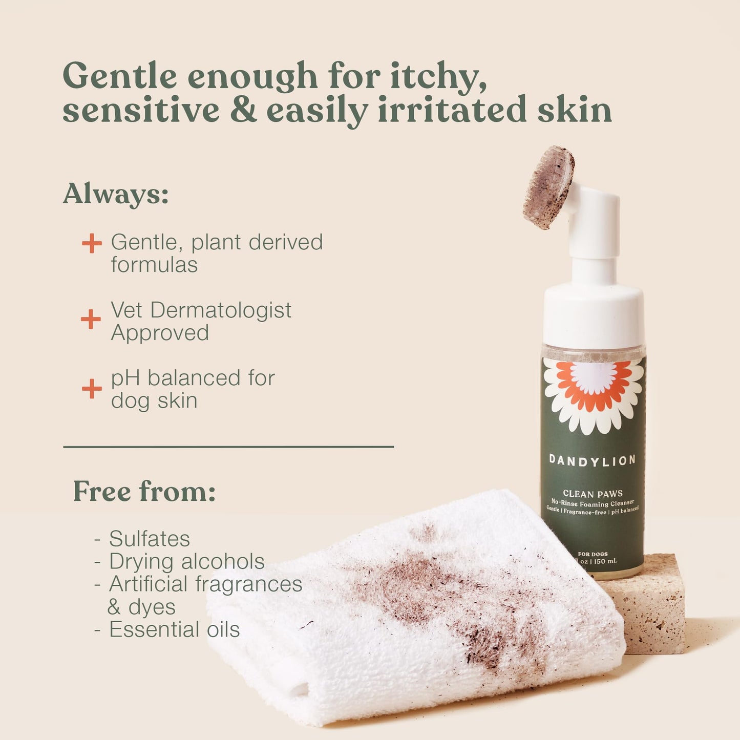 Dandylion Clean Paws No-Rinse Dog Paw Cleaner – Gentle, Fragrance-Free Foaming Wash with Silicone Brush, pH Balanced, Safe for All Dogs, 5 fl oz