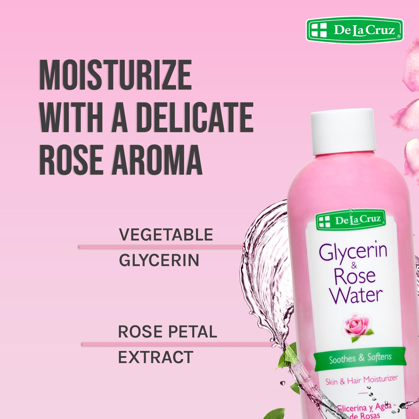 De La Cruz Rose Water and Glycerin for Face - Rosewater Facial Toner and Moisturizer for Skin and Hair 8 fl oz. (236 mL) - 1 Bottle