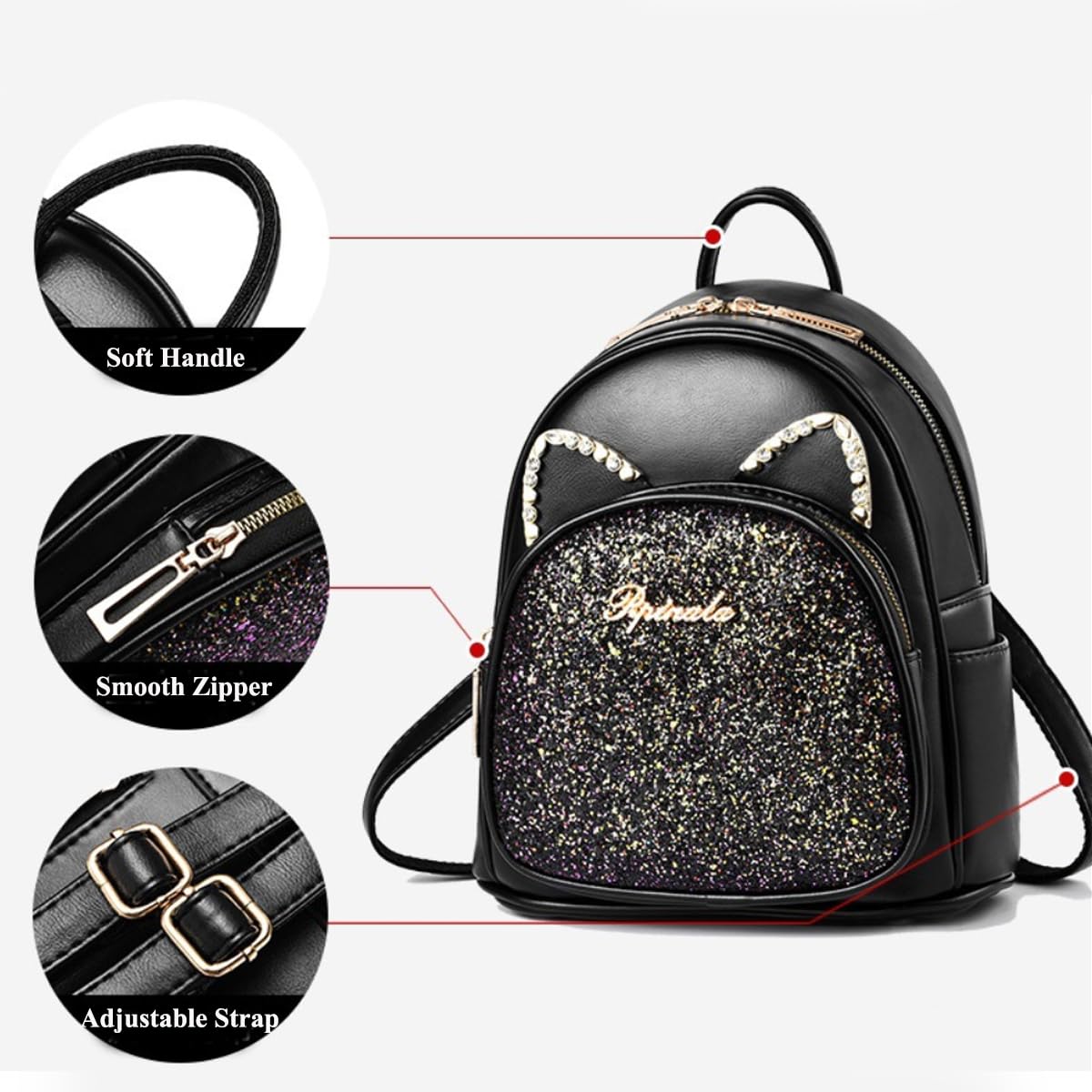 SCOFY FASHION Cartoon Cat Mini Cute Backpack Wallet For Women Leisure Small Backpack Daypack PU Leather Shoulder Bag, b-black, One Size