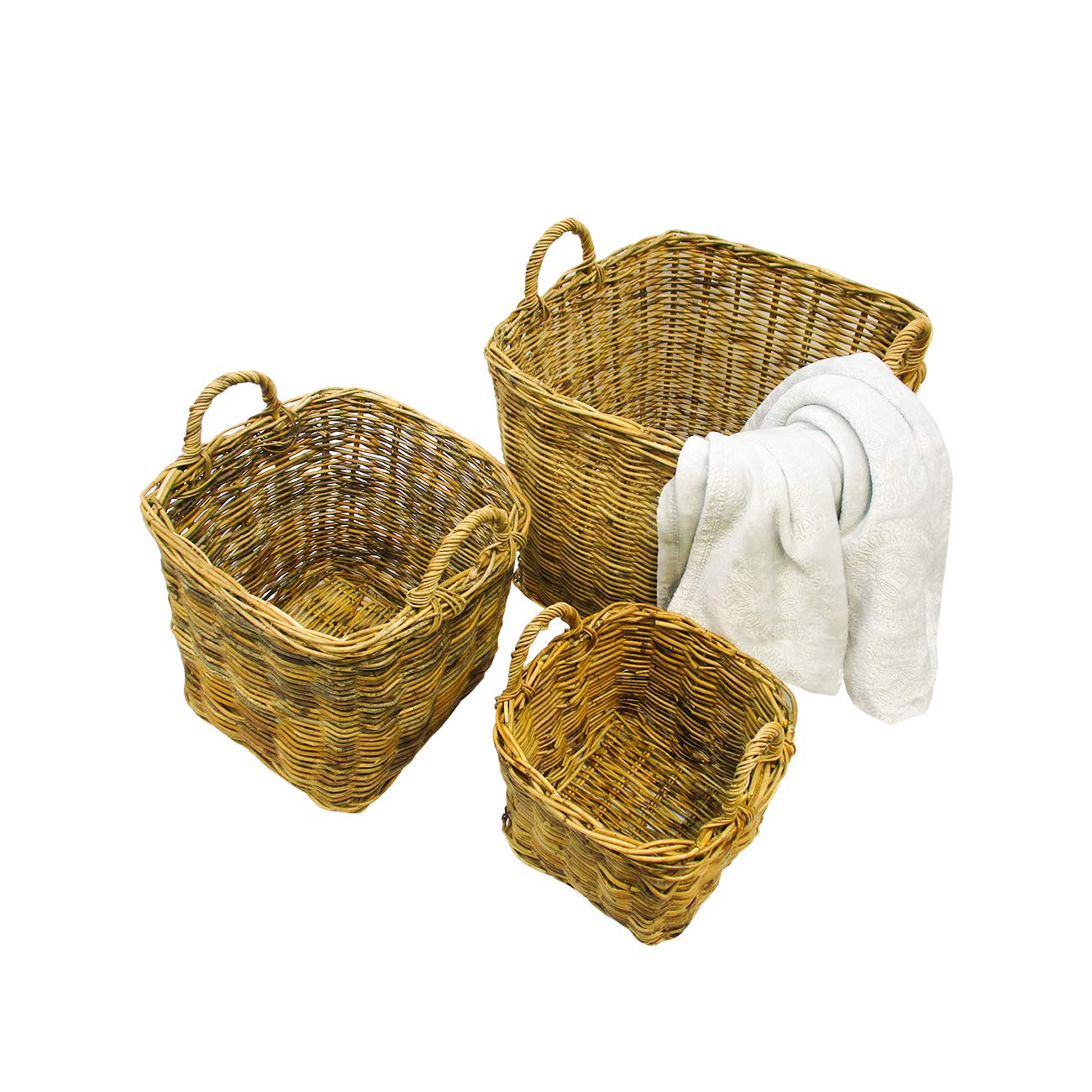 Tall Square Wicker Floor Storage Baskets with Handles by Trademark Innovations (Set of 3)