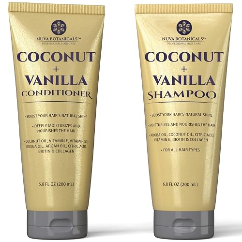 Nuva Botanicals Coconut Shampoo and Conditioner, Vanilla Shampoo and Conditioner with Biotin and Collagen- Moisturizing Shampoo and Conditioner Set