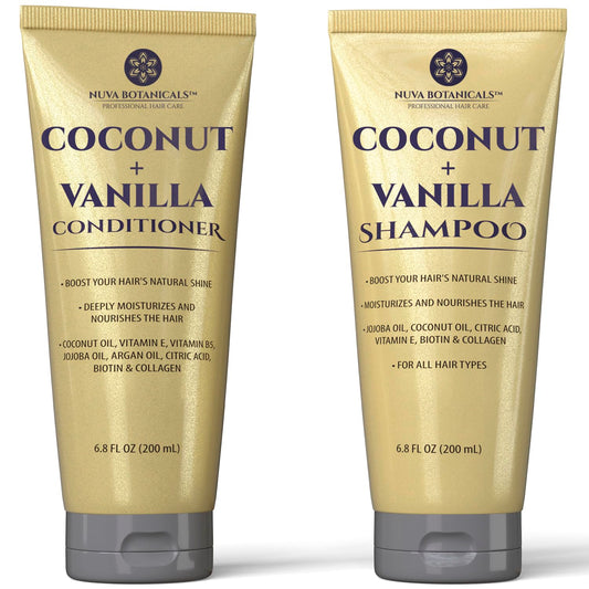 Nuva Botanicals Coconut Shampoo and Conditioner, Vanilla Shampoo and Conditioner with Biotin and Collagen- Moisturizing Shampoo and Conditioner Set