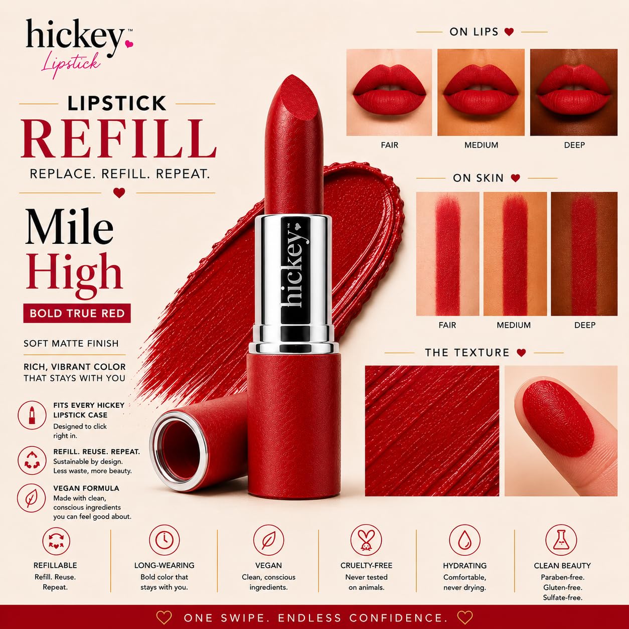Hickey Lipstick Mile High Organic Perfect Red Lipstick Refill - Long Lasting Lipstick for Women - Hydrating & Moisturizing Shade, Best Lip Color for