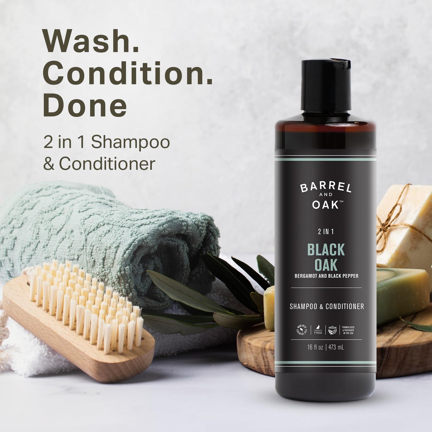 Barrel & Oak 2-in-1 Men's Shampoo and Conditioner, Cleanses Hair & Scalp, Multi-Use Hair Products for Men, Vegan Shampoo and Conditioner, Black Oak