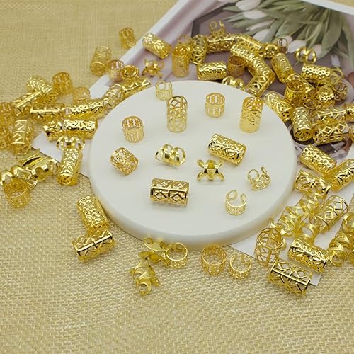 LEILEIXI 100 PCS Gold Dreadlock Locs Accessories for Hair, Hair Jewelry for Braids Hair Rings for Women and Girls, Adjustable Cuffs Braiding Hair