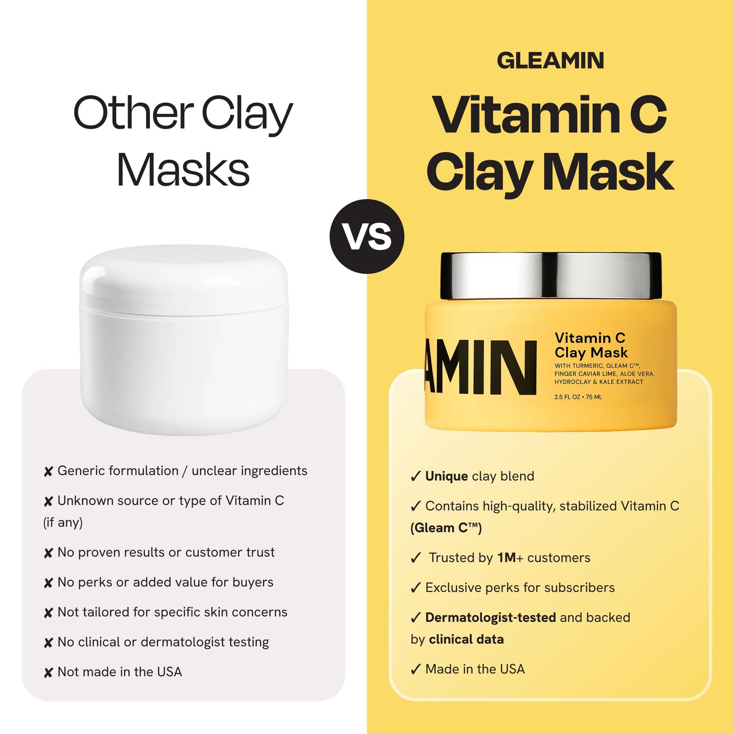 Gleamin Vitamin C Clay Mask for Dark Spots, Turmeric Clay Face Mask Skin Care, Deeply Cleanses & Refines Pores, Brightens Uneven Tone and Helps