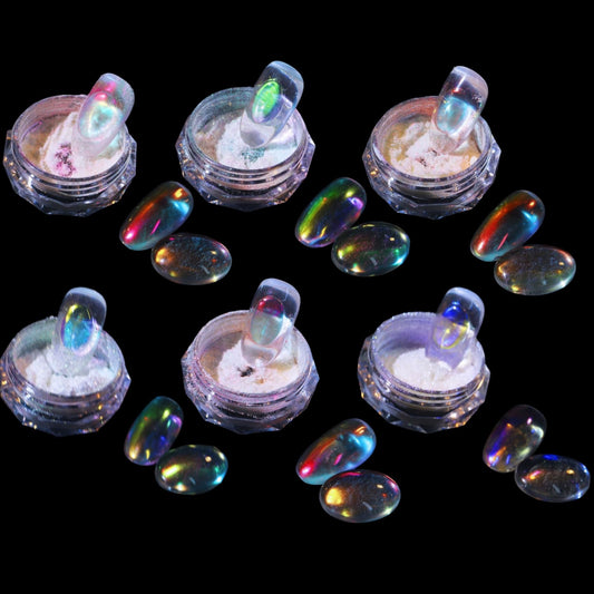 Ice Transparent Aurora Nail Powder Neon Rainbow Holographic Chameleon Powder Multi Chrome Iridescent Pigment Pearlescent Nail Art Glitters (6 Boxes