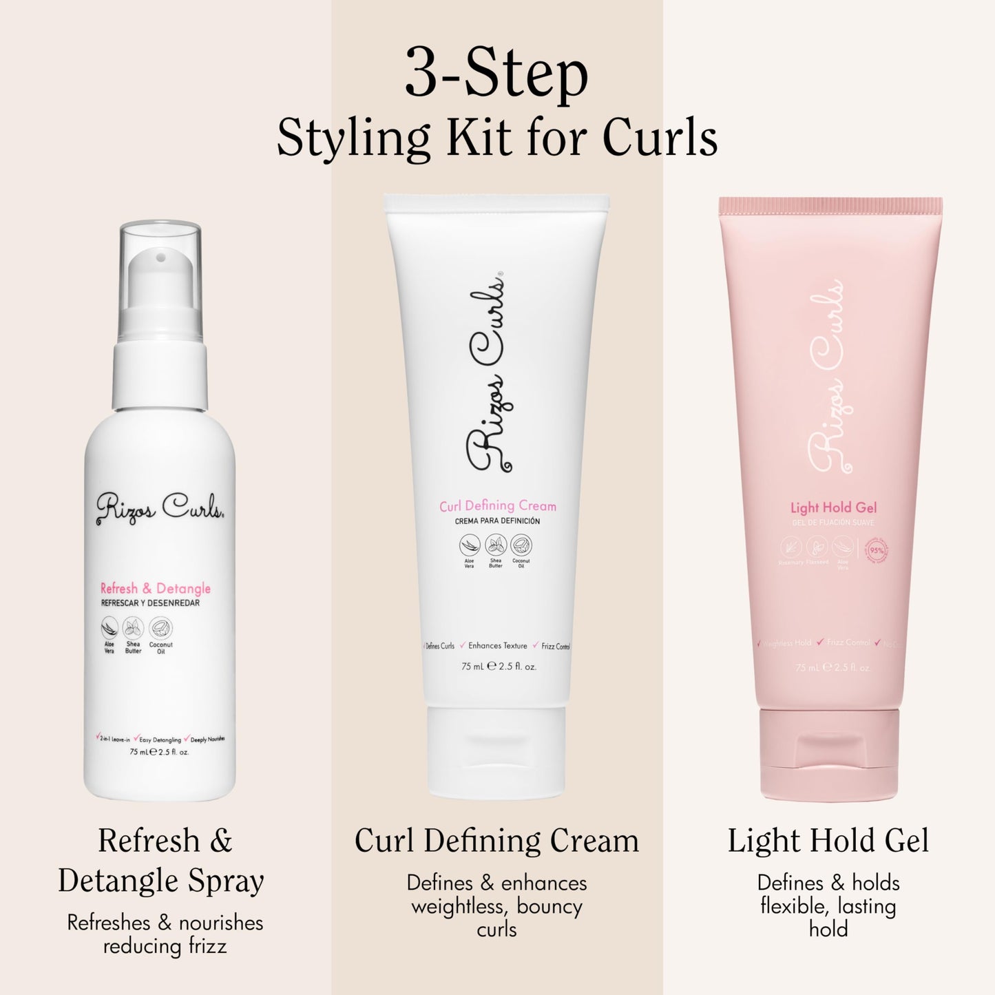 Rizos Curls 3-Step Styling Kit - Define, Style, Hold with Curl Defining Cream, Light Hold Gel & Refresh Spray - Enhances Shine, Moisture & Frizz