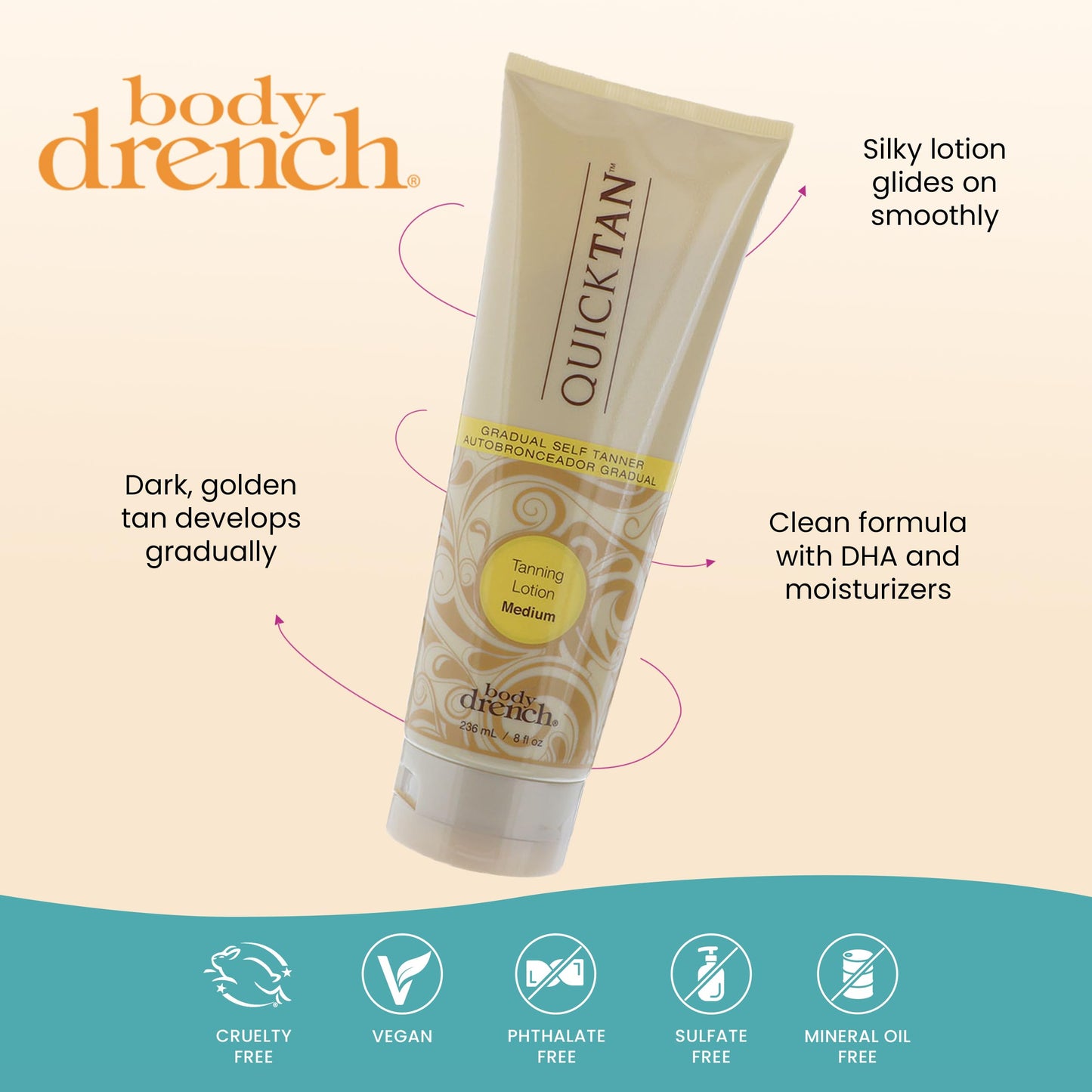 Body Drench Quick Tan Self Tanner Body Lotion - Sunless Tanning Lotion for Women, Natural-Looking Self Tan, Medium, 8 fl oz