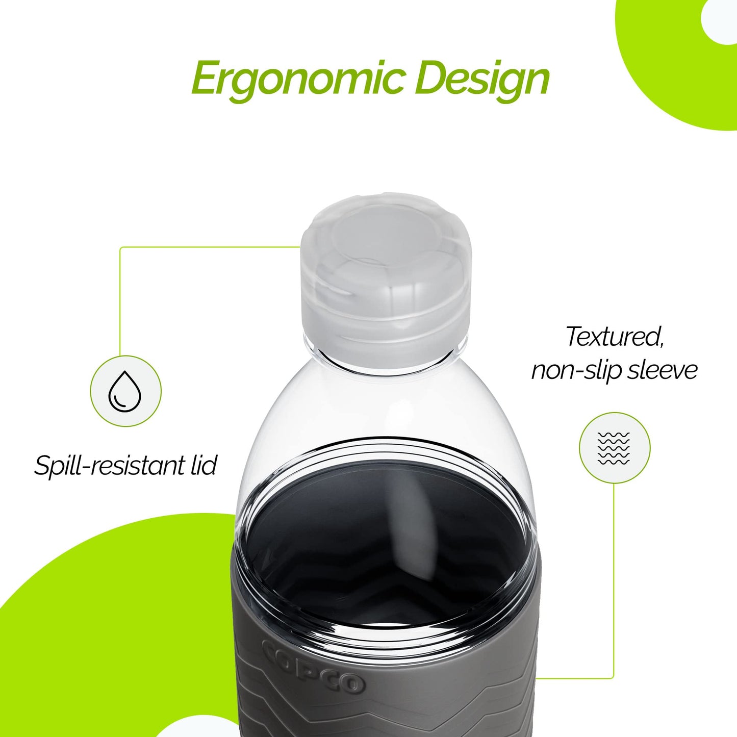 Copco Hydra 16.9 oz Tritan Water Bottle with Spill Resistant Lid & Non-Slip Sleeve, Set of 3 - BPA-Free, Dishwasher Safe, Fits Cup Holders, Great