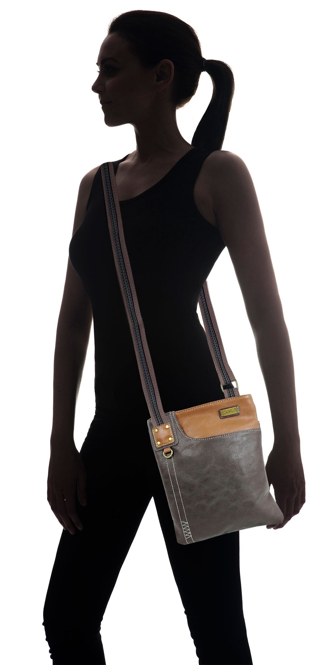CHALA Handbags Swing PU Leather Cell Phone Purse with Metal Key Chain (Dark Brown Cat)