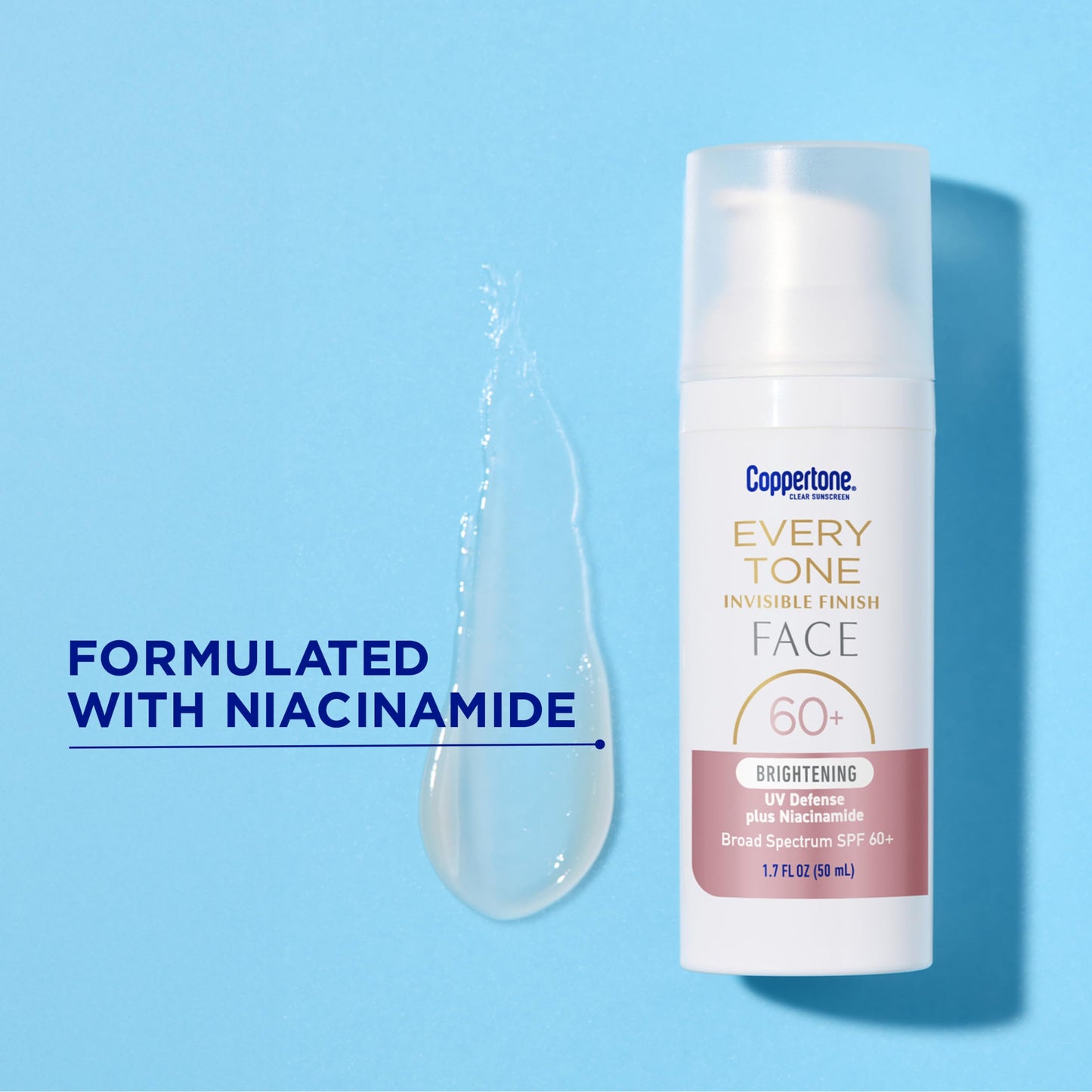 Coppertone Every Tone Invisible Finish Brightening UV Defense Face Sunscreen SPF 60+ with Niacinamide, Lightweight, Blends in Clear Sunscreen for All