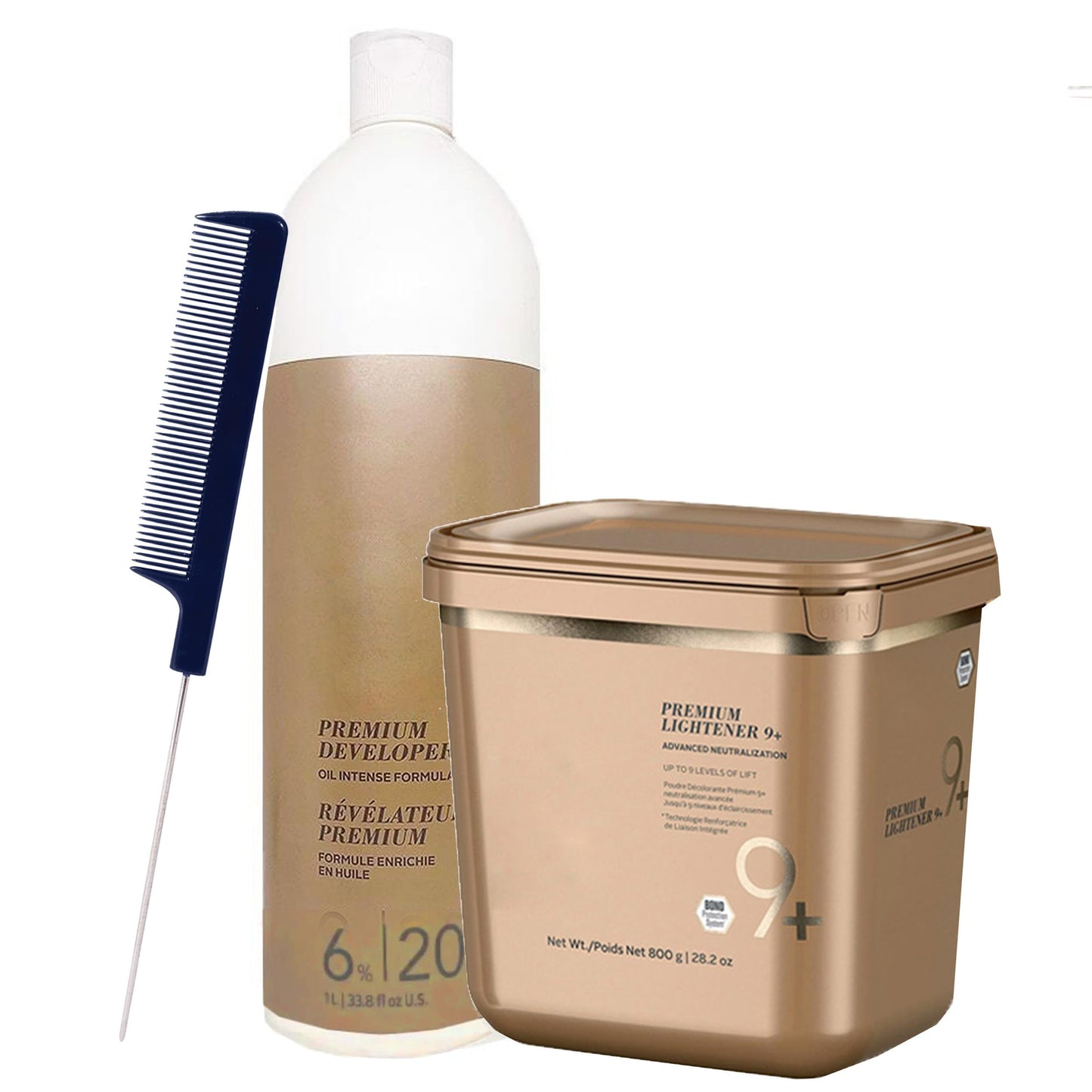 Blonde Me Lightener 9+ Bleach 800g with Blonde Me 6% / 20 Volume Developer 1L and Pin Tail Comb - Professional Hair Bleaching Kit for High Lift