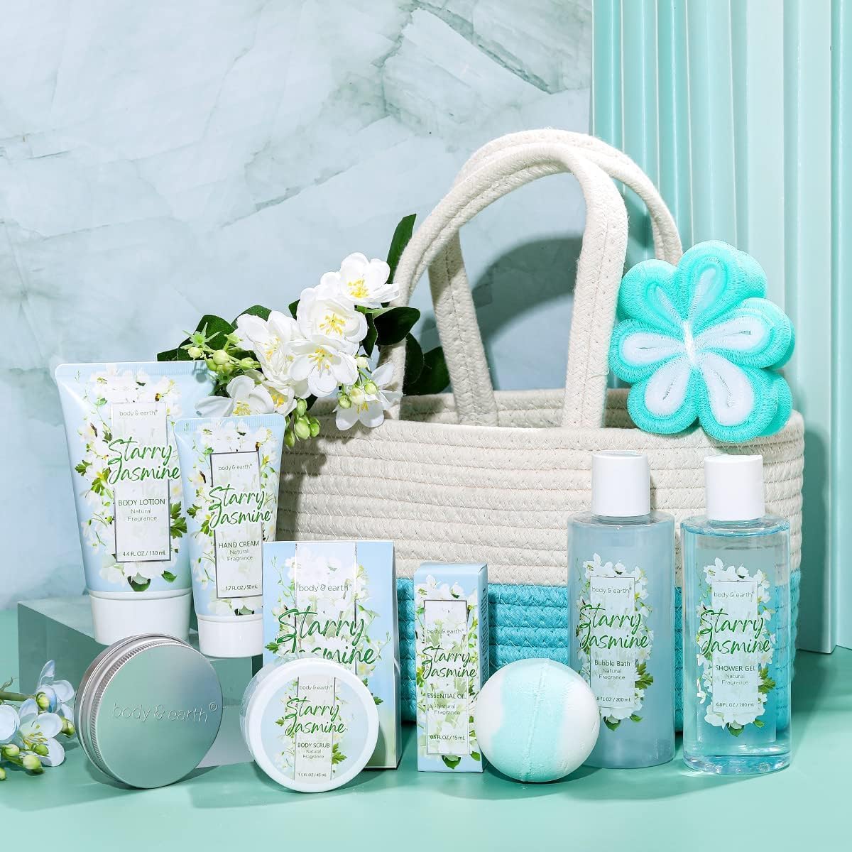 Body & Earth Gift Baskets for Women 11PCS Jasmine Spa Gift Sets for Her, Self Care Kit with Bubble Bath, Shower Gel, Lotion Set, Mothers Day Gifts